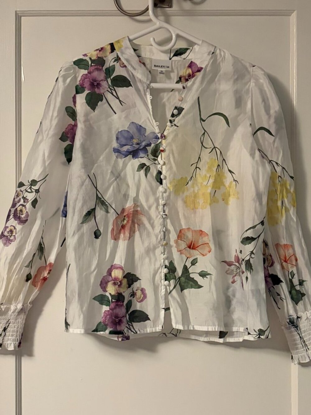 Bailey 44 sheer floral print button front blouse size medium garden feminine